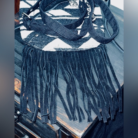 AEO American Eagle NEW Fabric Aztec Suede Fringe Drawstring Crossbody Bag - Picture 8 of 14